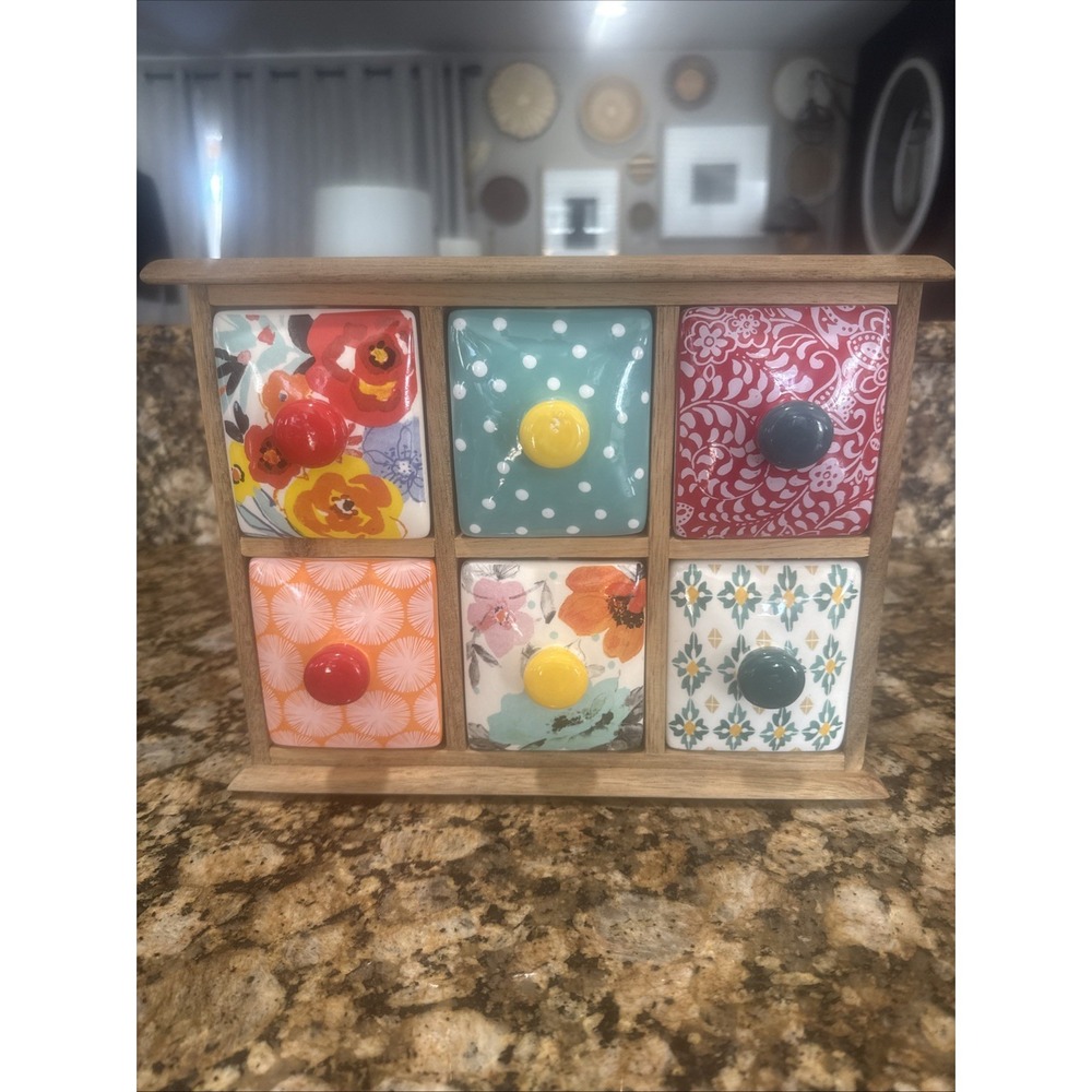 Pioneer Woman Spice & Tea Box Flea Market  Floral 6 Drawer Acacia Wooded Frame